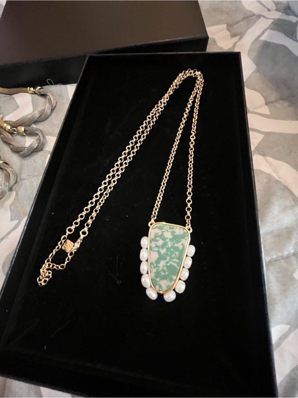 Park Lane Gold Chain Necklace with Mint Green Stone and White Pearl Accents